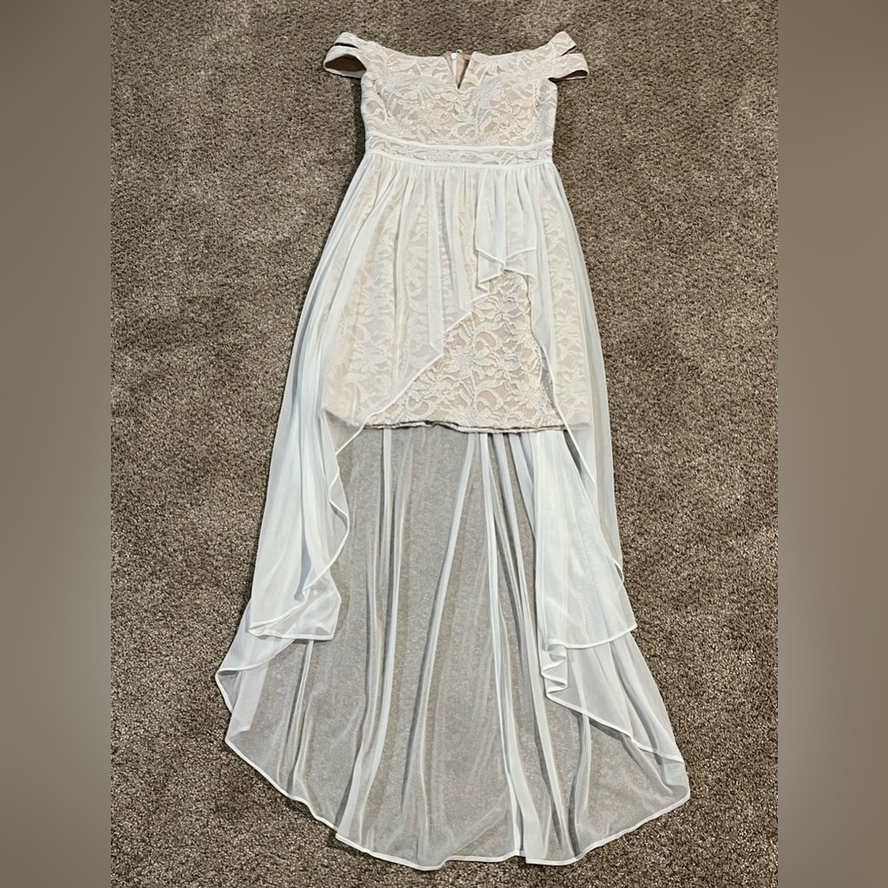 Morgan & Co. High Low White Off-Shoulder Dress
